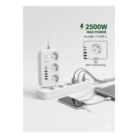 2500W Çoklu Priz 2 METRE – 3’lü AC Priz +5 USB Çıkışı AKIM KORUMALI Alev Almayan Gövde,