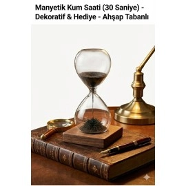Manyetik Kum Saati Mıknatıslı Ahşap Standlı Dekoratif Masaüstü Hediyelik Süs Eşyası (14 cm)