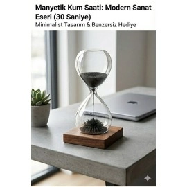 Manyetik Kum Saati Mıknatıslı Ahşap Standlı Dekoratif Masaüstü Hediyelik Süs Eşyası (14 cm)