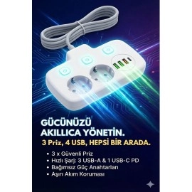 2500W Güçlü Akım Korumalı 3 USB + Type-C Portlu Çoklu Priz | Hızlı Şarj, Çocuk Kilidi, 850°C Yanmaz Malzeme