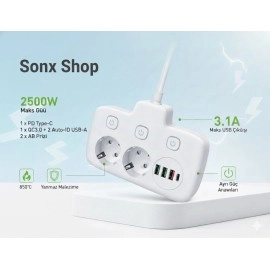 2500W Güçlü Akım Korumalı 3 USB + Type-C Portlu Ço..