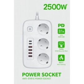 2500W Çoklu Priz 2 METRE – 3’lü AC Priz +5 USB Çık..